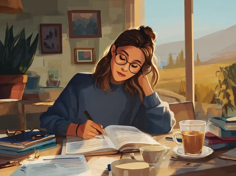 A student writes notes on a paper while learning languages at a dimly lit cafe table with coffee.