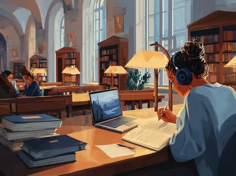 A woman wearing a blue hoodie and headphones writes in a book for learning languages.