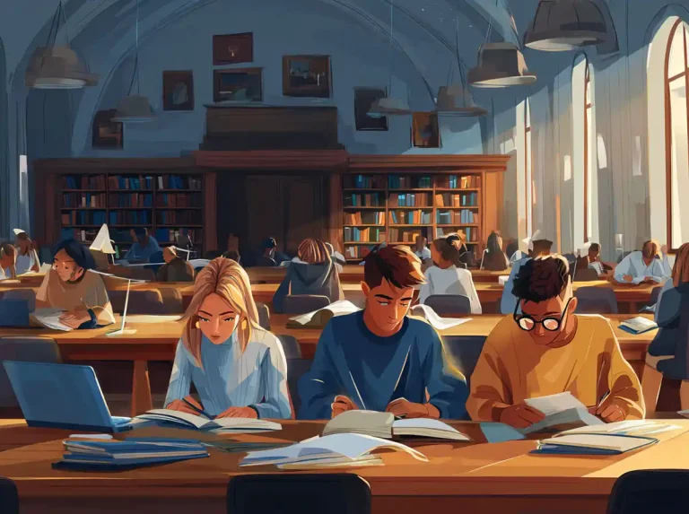 Three students study in the foreground of a large university library for learning languages.