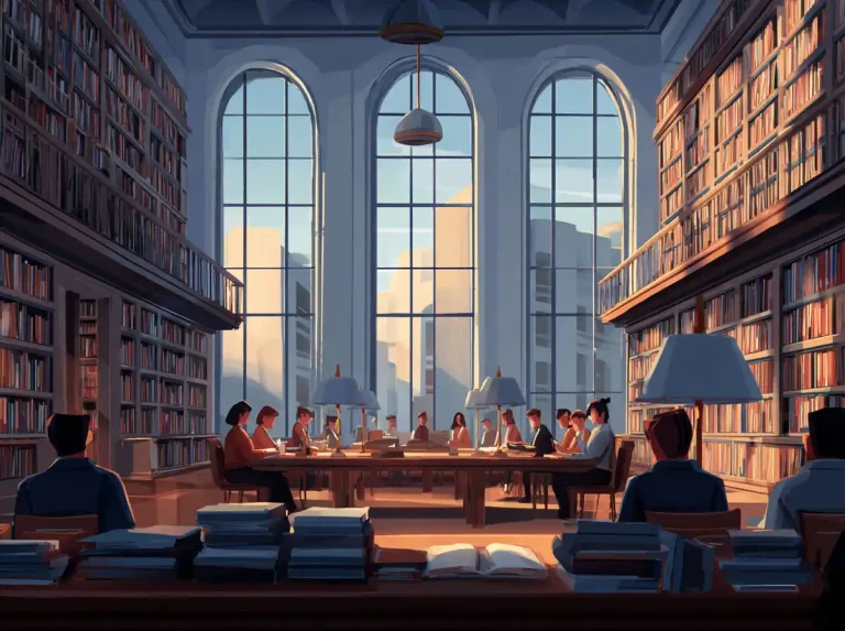 Students sit at symmetrical long desks in a grand library setting for learning languages.