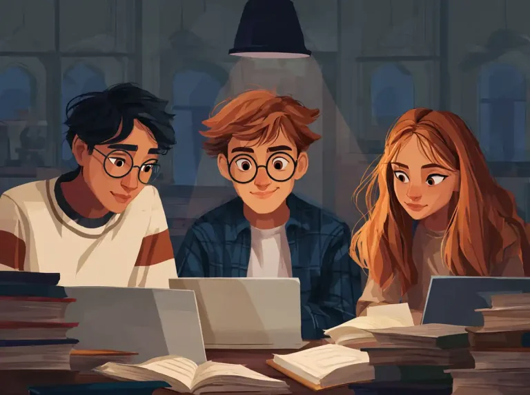 A group of students sit around a bright laptop screen at night while learning languages.