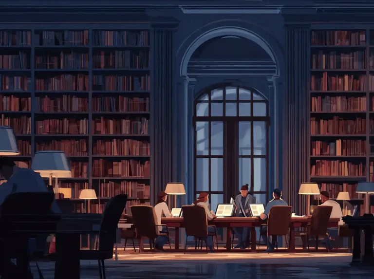 Students sit at a long table with laptops and lamps in a dark library for learning languages.