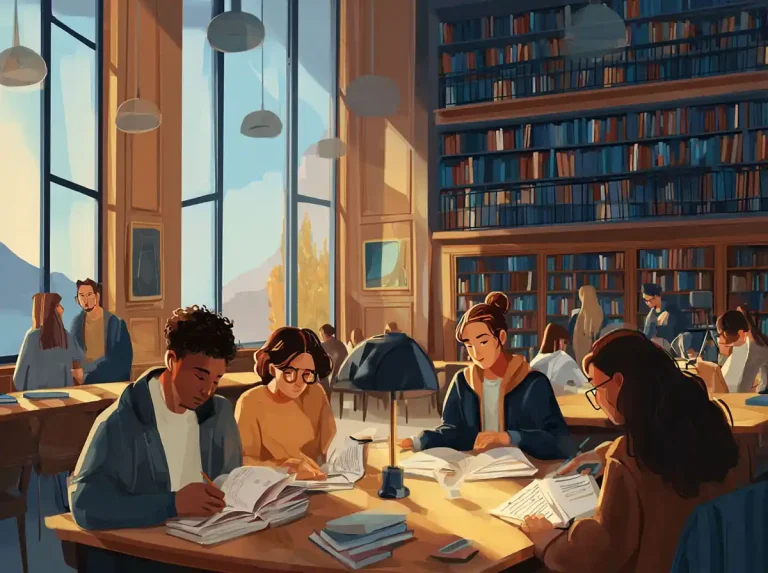 Several students work at long wooden tables in a spacious library for learning languages during the day.