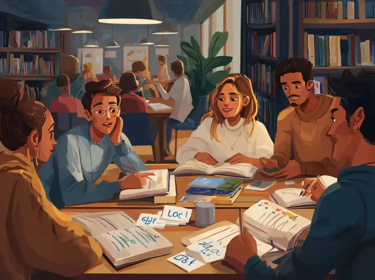 Five students sit in a cozy library with books and notes while focused on learning languages.