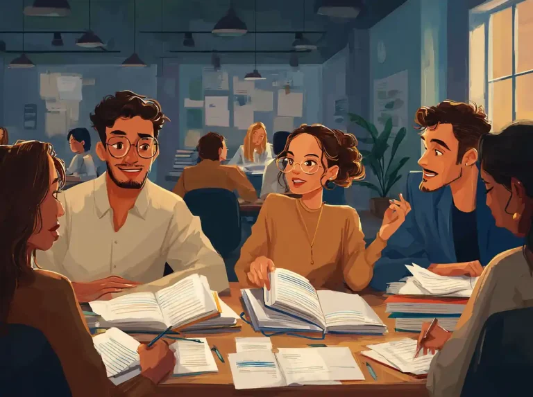 A group of diverse students converse and smile while learning languages at a large library table.