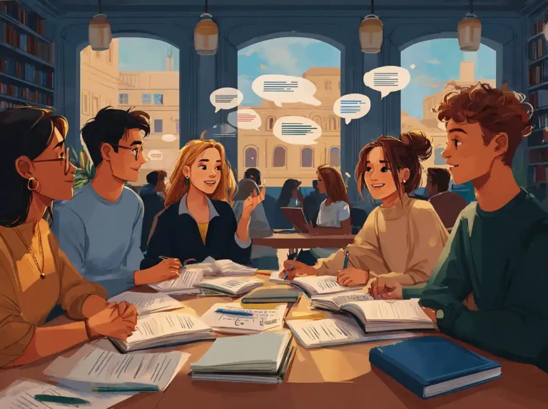 A group of students gather at a table with books to discuss lessons for learning languages.