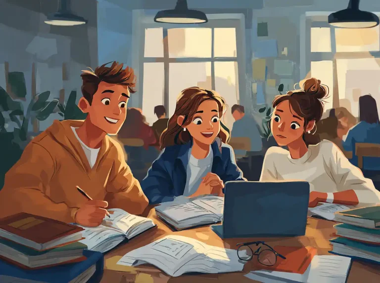 Three students look at a laptop while learning languages at a table with open books.