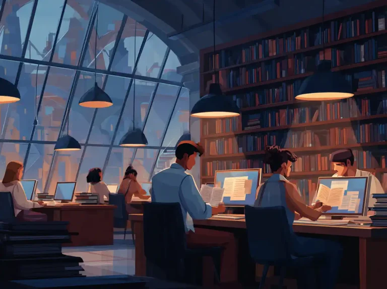 Students work at computer stations in a modern library with large glass windows for learning languages.