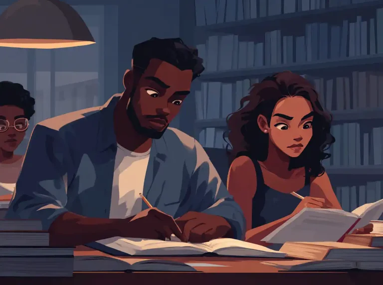 A man and a woman look intently at their books while learning languages at a library table.