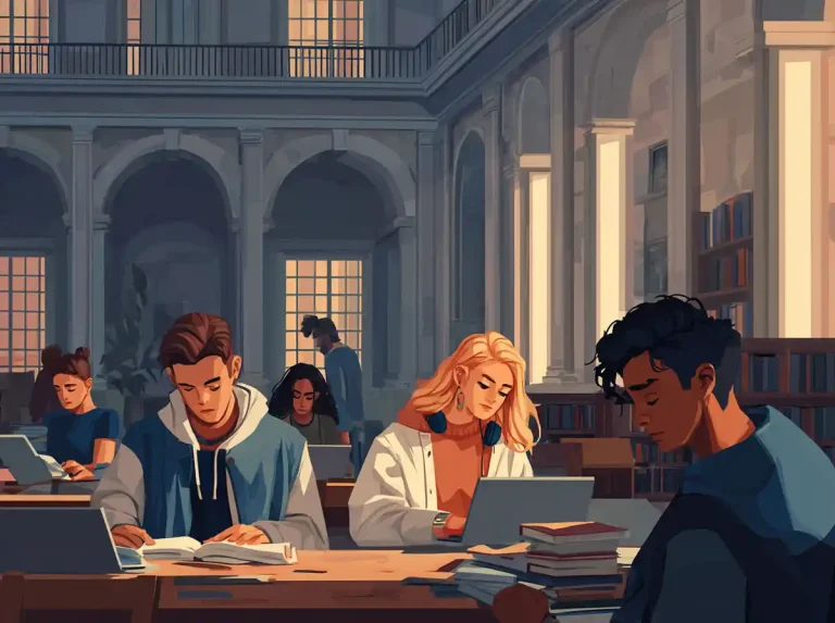 Diverse students sit at a library table with books and laptops while focused on learning languages.