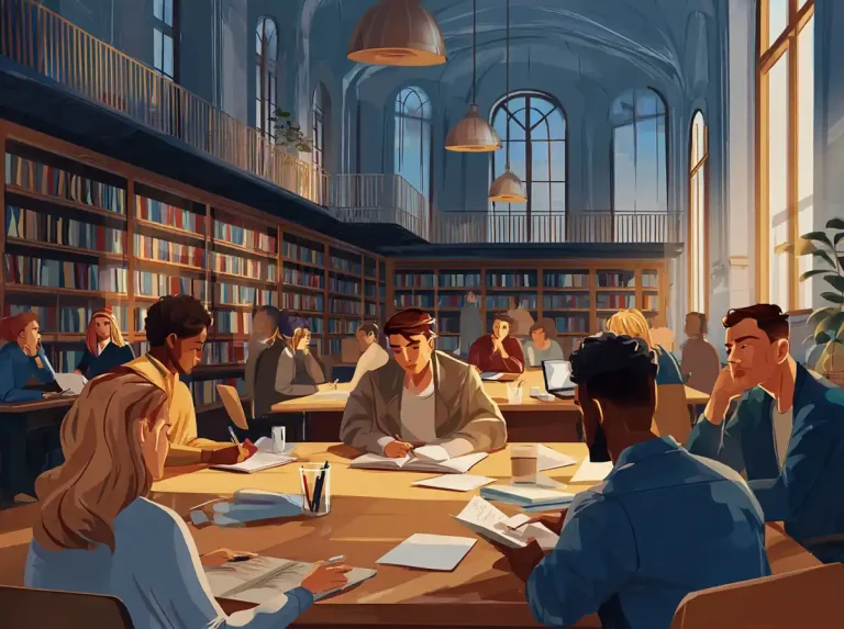 Students sit at a long library table bathed in sunset light while learning languages.