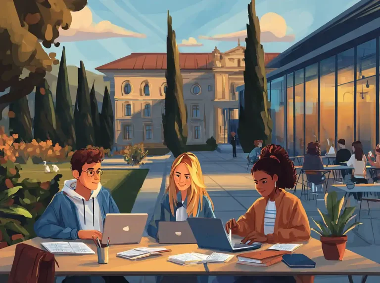 Three students use laptops and textbooks for learning languages at an outdoor campus table.