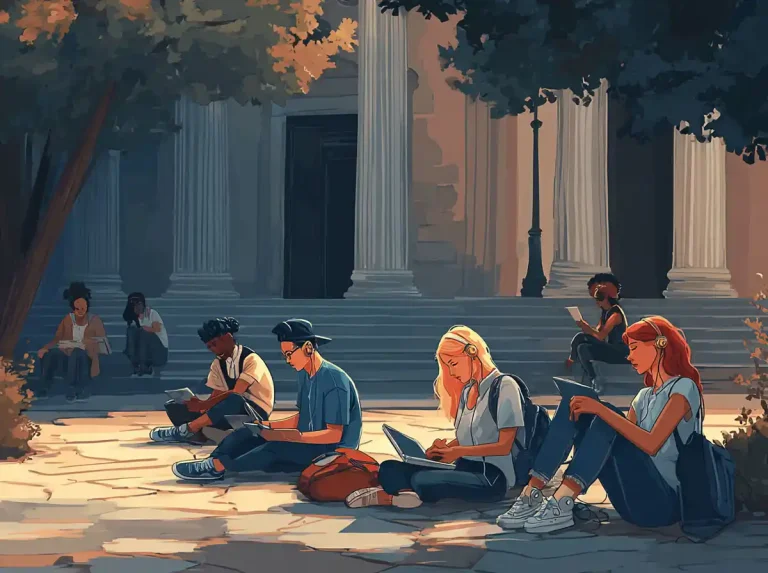 Several students sit outside a university building with laptops and headphones while learning languages.