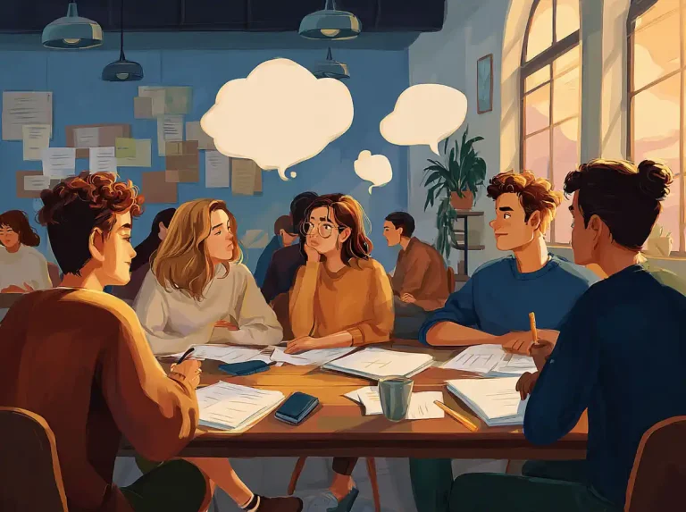 Five students sit around a library table with speech bubbles above them while learning languages.