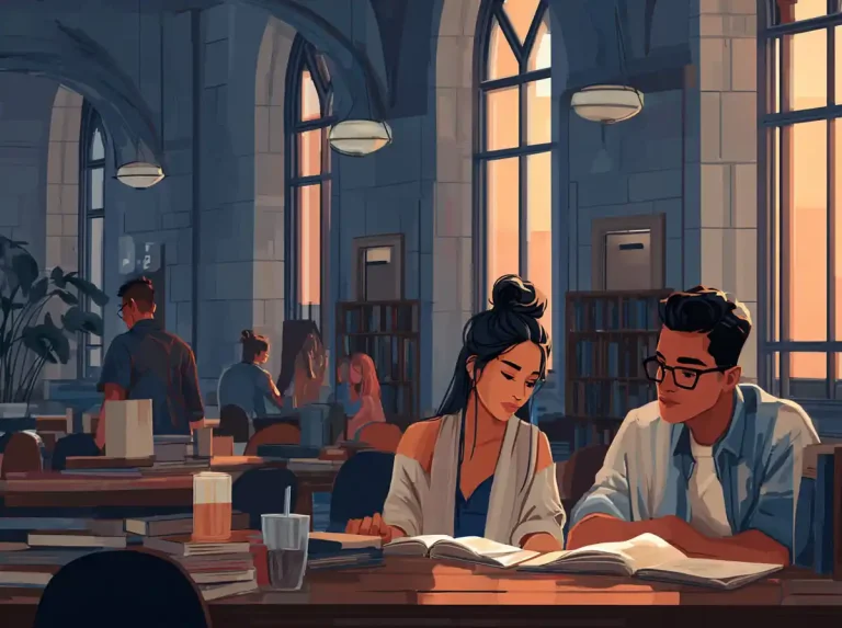 Two students sit at a library desk reading open books while learning languages in the evening sun.