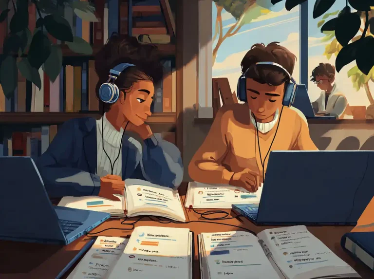 Two students sit at a library table and look at a laptop screen while learning languages together.