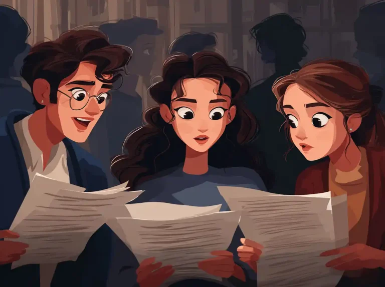 A trio of students in glasses looks at study papers while learning languages at a library table.