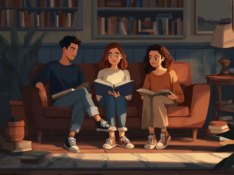 Three students sit on a sofa reading books while learning languages at home.