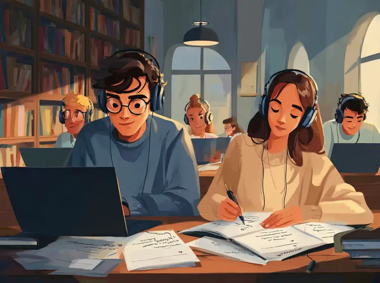 Focused students wearing headphones use laptops and books while learning languages.