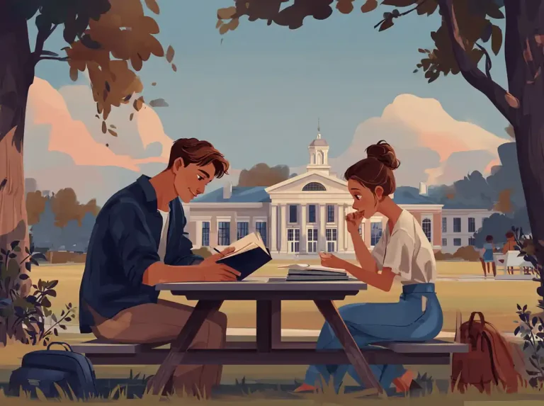 Two students read textbooks at a picnic table near a university while learning languages.