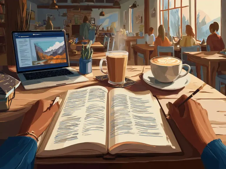 A student reads a large open book to learn languages in a library with warm lighting.