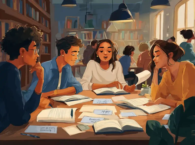 A group of diverse students discuss and review paper handouts for learning languages together.