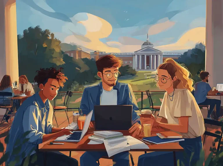 Three students sit on a sunny terrace reviewing books for learning languages with a campus building behind them.