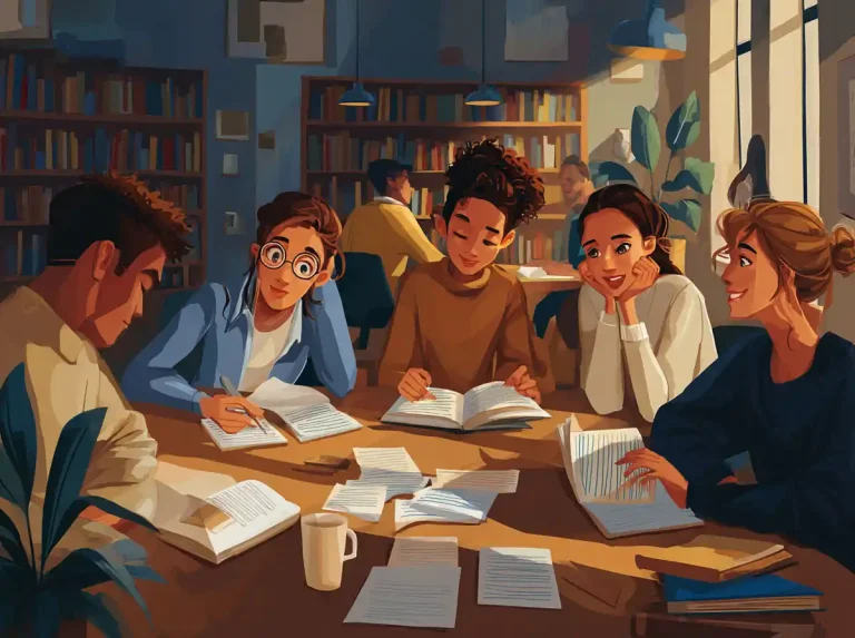 A group of students gather around a library table with open books for learning languages.