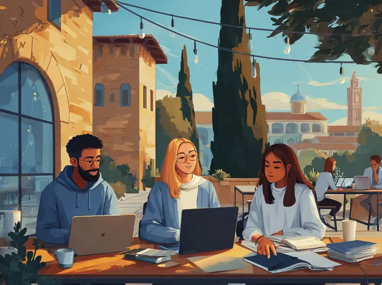 Three students sit at an outdoor terrace with laptops while focused on learning languages.