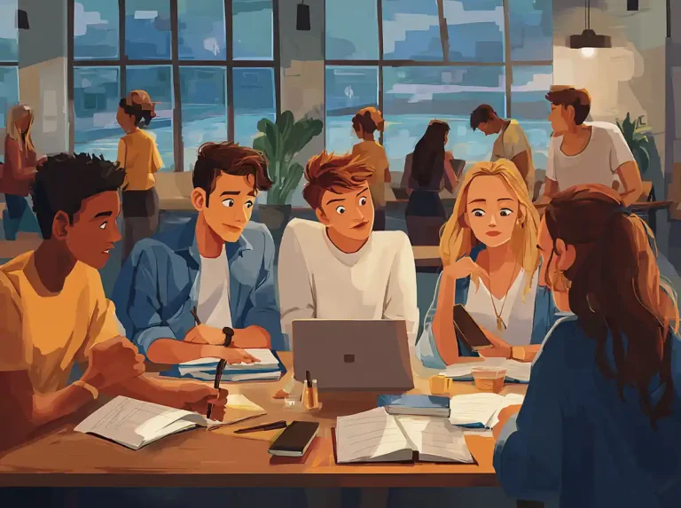 Diverse students sit together at a table and share notes while focused on learning languages.