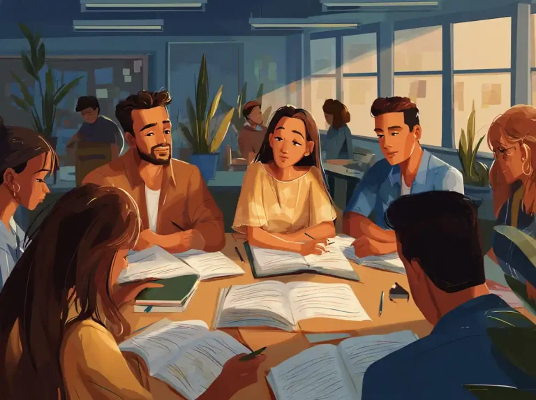 Six students sit at a round table with open workbooks while learning languages in a bright room.