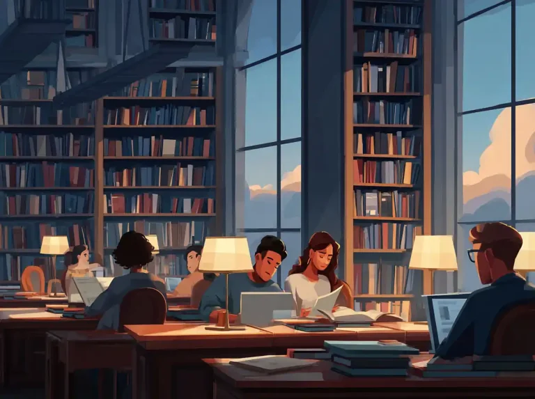 Several students sit at desks in a library while learning languages using computers and books.