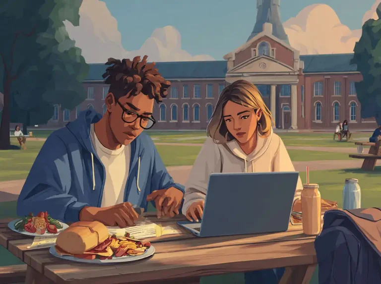 Two students sit at an outdoor picnic table with a laptop while learning languages on a sunny campus.