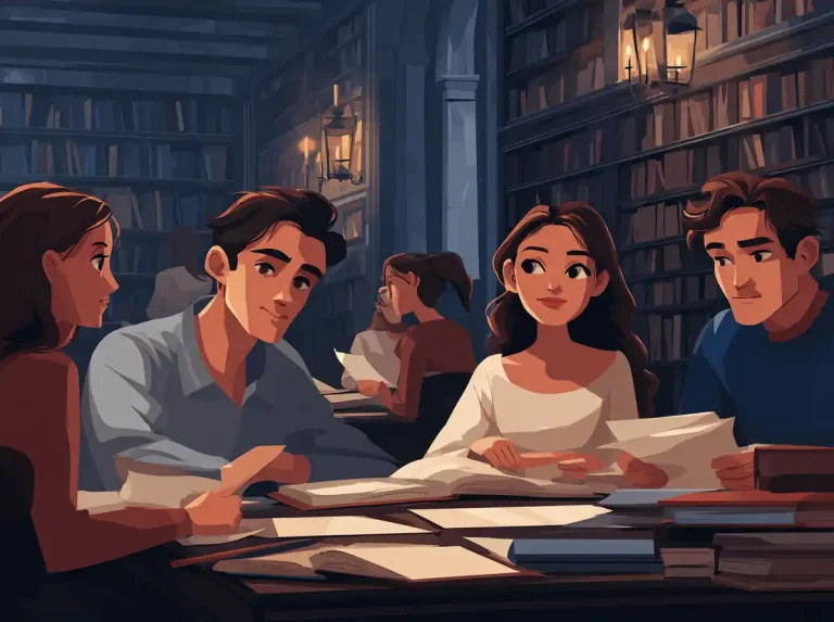 Four students sit around a table at night in a library with lanterns for learning languages.