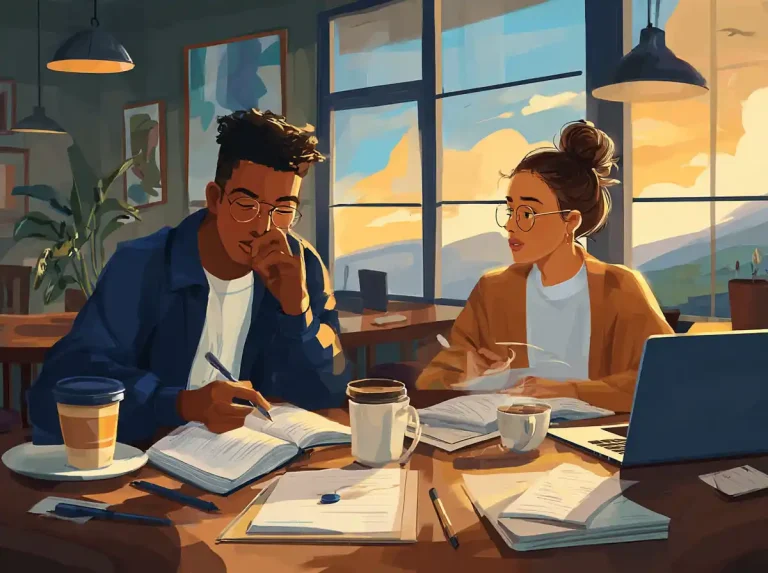 Two students work at a table near a window while learning languages during a scenic sunset.