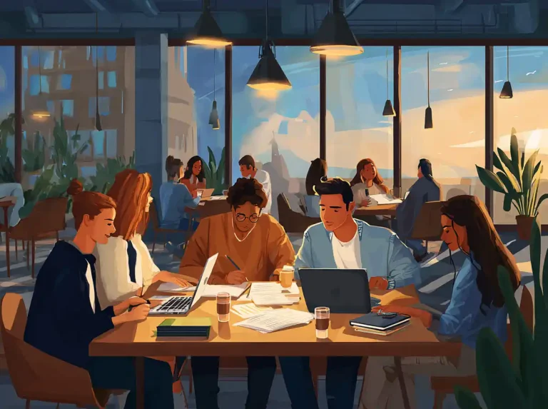 A group of students gather around a sunlit table while learning languages with books and a laptop.