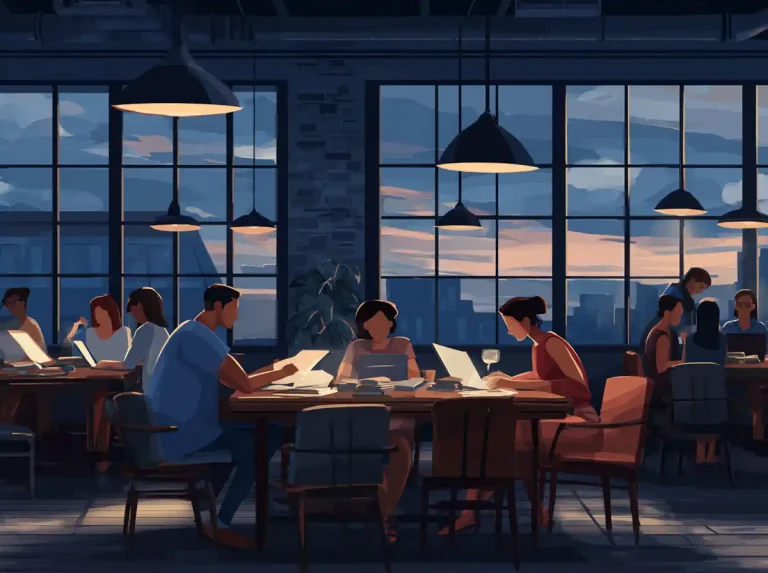 People sit at wooden tables in a modern cafe while learning languages together at dusk.