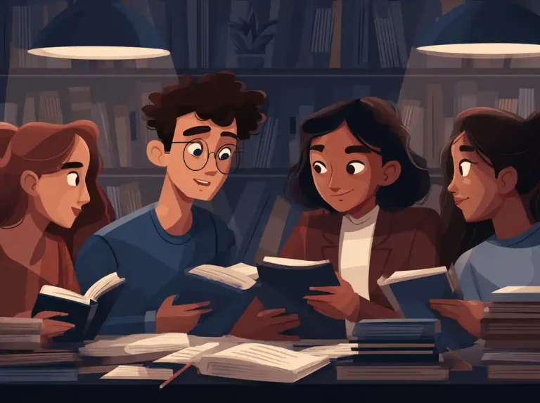 Four students sit around a table focusing on their individual books while learning languages.