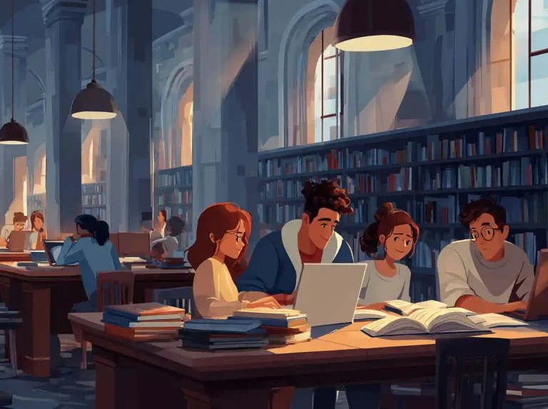 A group of four students sit at a table with books while focused on learning languages.