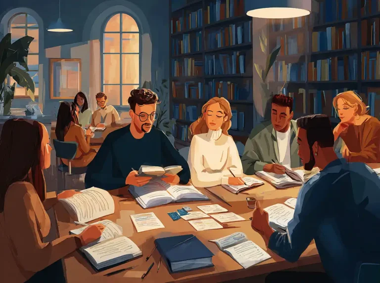 A group of students gather around a long library table for the purpose of learning languages.