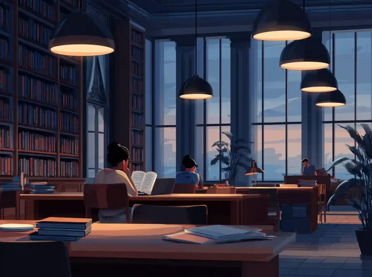 Students sit at a long wooden table in a dimly lit library to learn languages under pendant lights.