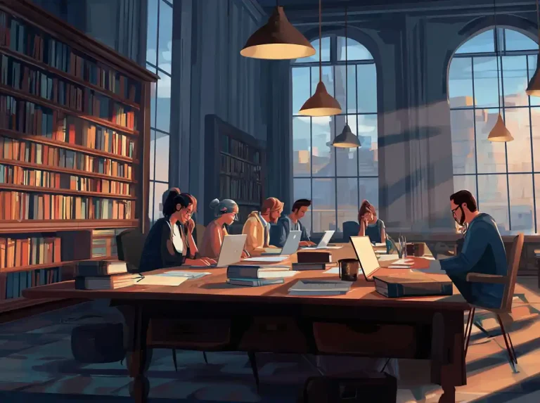 Students take notes and look at laptops while learning languages in a sunlit library room with high windows.