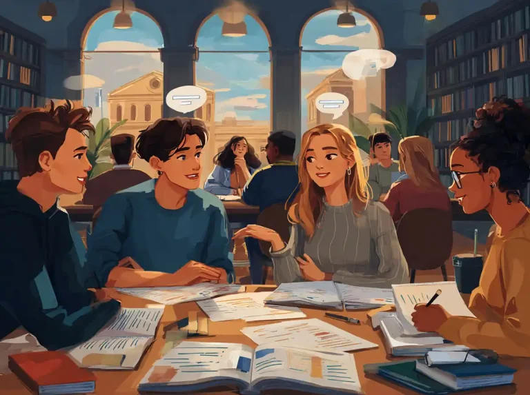 Four students talk and gesture while studying from open workbooks for learning languages in a bright room.