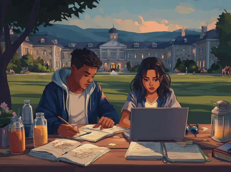 A man and woman use a laptop and textbooks for learning languages at an outdoor table with snacks.