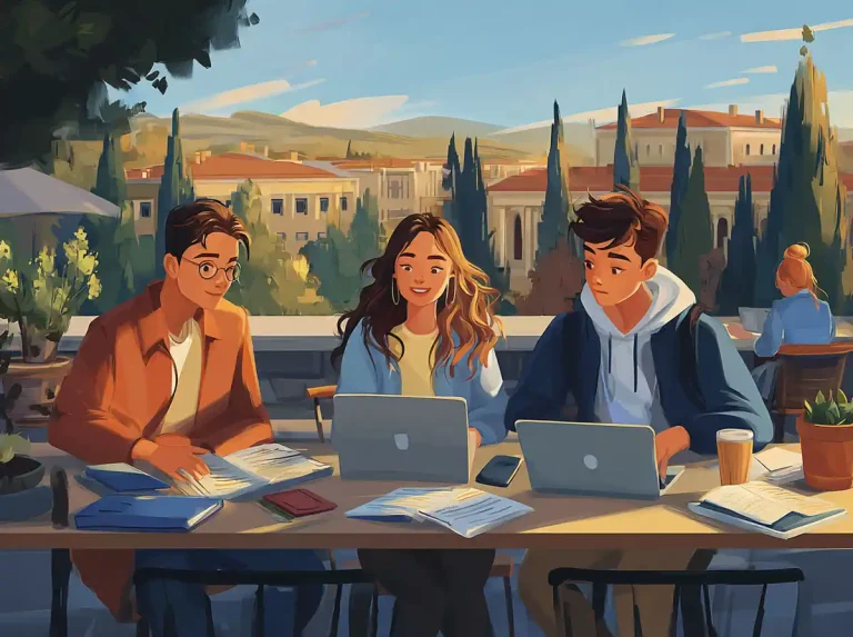 Three students sit at a table on a sunlit patio while learning languages with laptops and coffee.