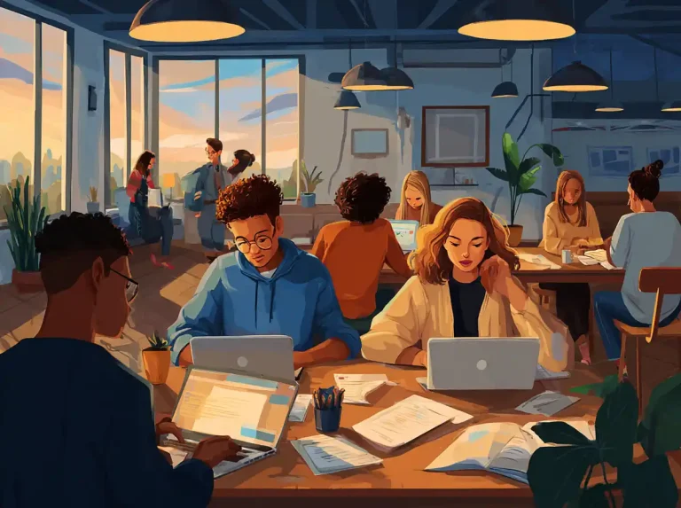 Students use laptops and notebooks while learning languages in a shared office space during sunset.