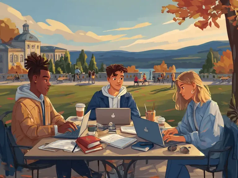 A trio of students works on laptops at a picnic table while learning languages in an autumn park.