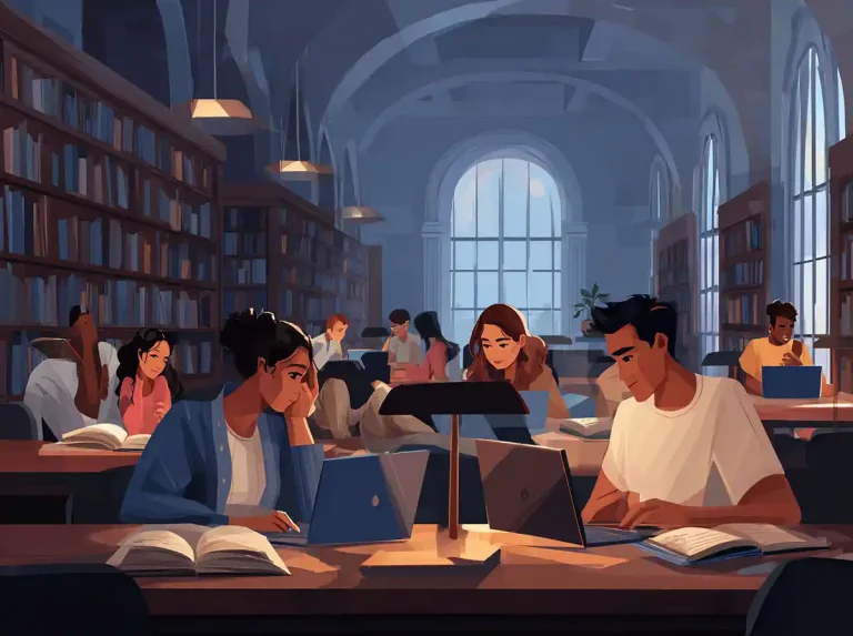 Focused students use laptops under desk lamps for learning languages in a dark library filled with bookshelves.