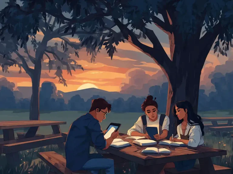 Three people use digital tablets and books for learning languages at an outdoor table during sunset.