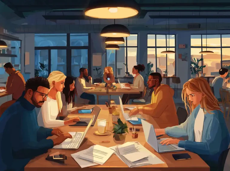 Focused students use digital tools and laptops for learning languages in a library during the evening.